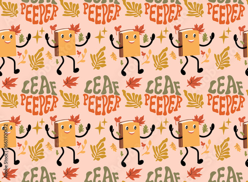 Groovy Leaf Peeper seamless patern with Book Mascot. Herbarium school home task. Retro Autumn Circle Badge Design.