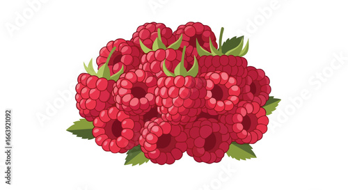 Vibrant illustration of a cluster of plump red raspberries, accented with fresh green leaves against a clean white backdrop