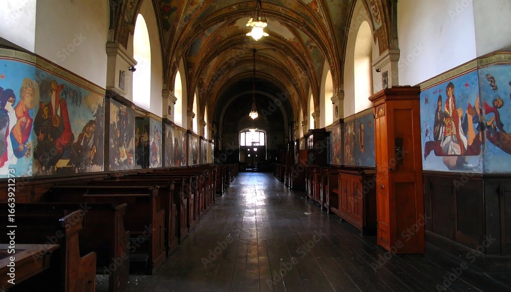 Obraz premium Long church aisle with murals