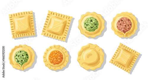 Assorted Filled Pasta Shapes, Illustrative Italian Cuisine Element, Gourmet Food Varieties Showcased in a Culinary Illustration with Delicious