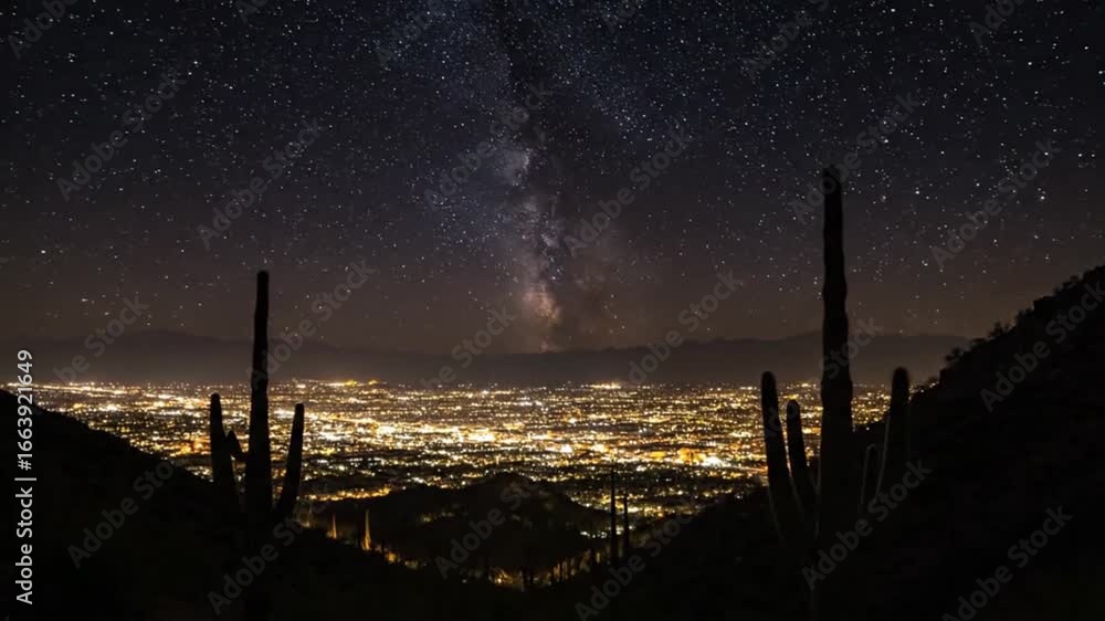 custom made wallpaper toronto digitalNight cityscape illuminated, viewed from a mountain vantage point, showcasing the Milky Way galaxy above and silhouetted cacti in the foreground.