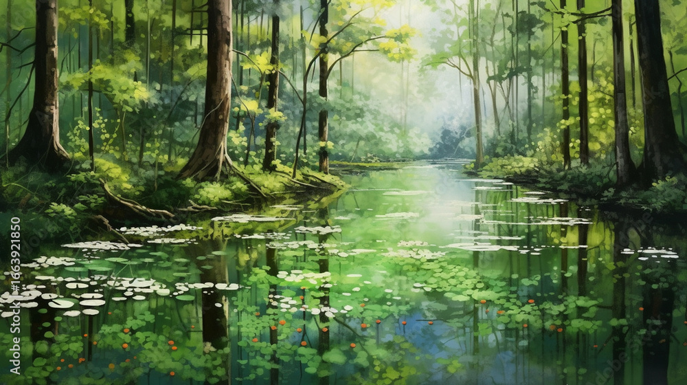 Obraz premium Sunlit Forest Lake with Trees and Natural Beauty