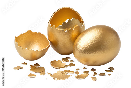 A set of golden eggs with broken shells ,templates are isolated on a transparent background .vector illustration 