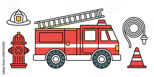 An illustration of a bright red fire truck along with various firefighting equipment, symbolizing safety and readiness in emergency situations.
