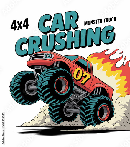 This dynamic graphic showcases a monster truck crushing cars, highlighting the thrill and excitement of monster truck competitions, perfect for motorsport enthusiasts or events.
