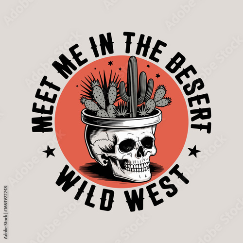 This vibrant image features a skull adorned with various cacti in a pot, capturing the essence of the wild west with a modern twist on classic desert themes.