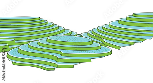 Stylized illustration of rice terraces showcases the beauty of agricultural landscapes and terraced farming practices