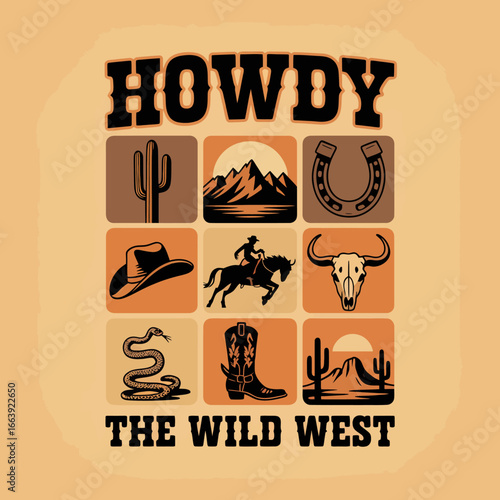 This vintage-inspired graphic captures the essence of the Wild West, featuring iconic elements like cacti, cowboy hats, and a rider on horseback, invoking nostalgia.