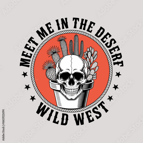 This captivating depiction showcases a skull with various cacti in a pot, juxtaposing life and death while evoking the adventurous spirit of the wild west.