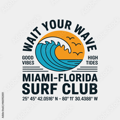 This vibrant surf club logo features a stylized wave design, showcasing the sun and embodying the spirit of surfing culture in Miami, Florida with good vibes.