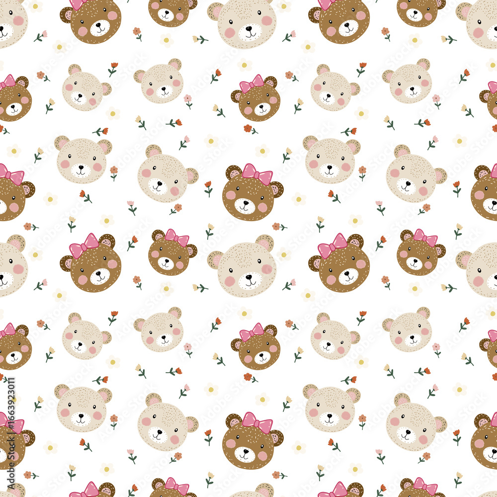 Obraz premium Cute bears and flowers seamless pattern 