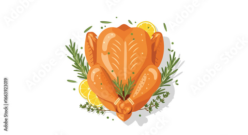 Illustration of Festive Roast Chicken with Herbs and Citrus for Holiday Celebrations, Thanksgiving meal preparation, appetizing poultry garnished