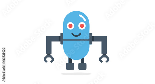 Friendly blue robot character with happy face, poised on a white background expressing digital innovation and future technological advancement