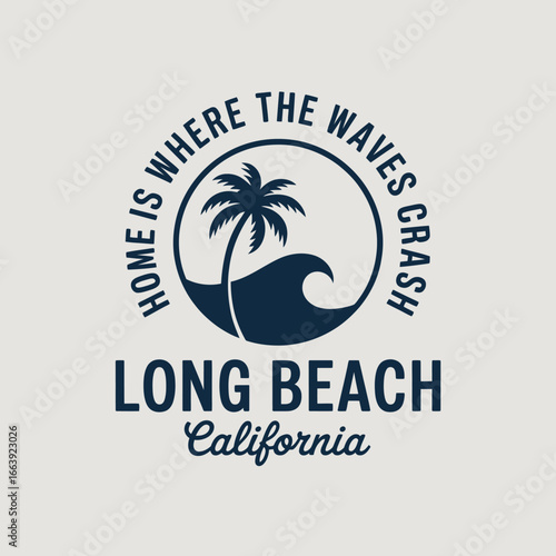 Illustration showcasing the coastal theme of Long Beach with palm trees and waves, promoting a vibrant and sunny beach lifestyle in a playful design.
