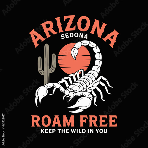 Featuring a retro-inspired scorpion and cactus theme, this graphic design captures the adventurous spirit of Sedona, Arizona, inviting viewers to embrace their wild side.