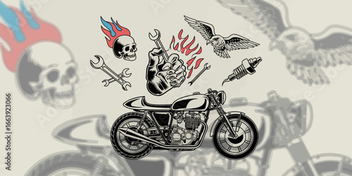 A captivating design featuring a classic motorcycle surrounded by symbolic imagery like skulls and flames, reflecting the spirit of adventure and rebellion in motorcycling culture.