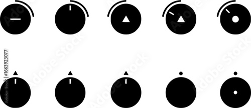 Volume control knobs icons set. Collection of simple black round turning switches, sound or multimedia settings, audio knobs, volume regulators, control panel elements
