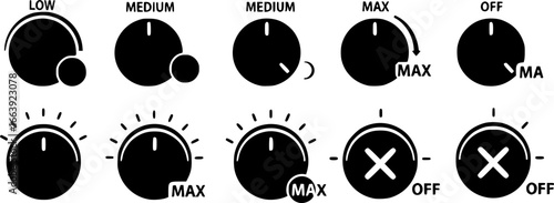 Volume control knobs icons set. Collection of simple black round turning switches, sound or multimedia settings, audio knobs, volume regulators, control panel elements
