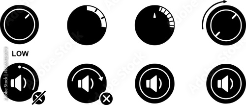 Volume control knobs icons set. Collection of simple black round turning switches, sound or multimedia settings, audio knobs, volume regulators, control panel elements