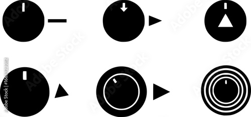 Volume control knobs icons set. Collection of simple black round turning switches, sound or multimedia settings, audio knobs, volume regulators, control panel elements