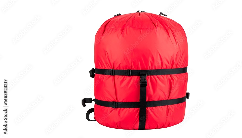Fototapeta premium A vibrant red sleeping bag compression sack is prominently displayed against a pure white background.