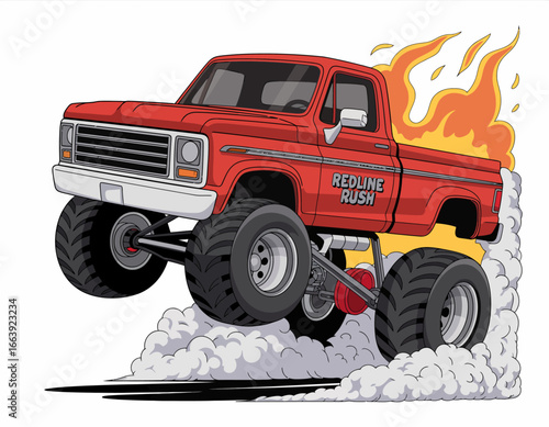 A vibrant illustration featuring a red monster truck soaring with smoke and flames below, capturing the essence of excitement, power, and daredevil stunts in motorsport culture.