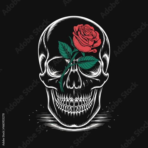 A thought-provoking illustration featuring a skull with a vibrant rose, creating a striking contrast that represents the duality of life and death, surrounded by detailed artwork.