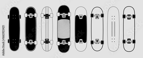 A unique lineup of creatively designed skateboards featuring abstract black patterns that emphasize contemporary artistic styles and youth culture.