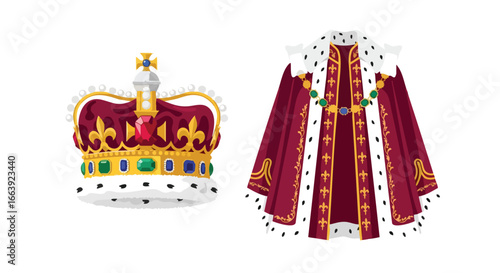 Royal Regalia: A majestic crown and opulent robe symbolize power and tradition conveying a sense of regal authority and historical significance