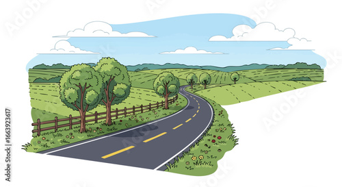 Scenic countryside road with rolling green fields and a clear sky illustration depicting a serene drive through nature and freedom to explore