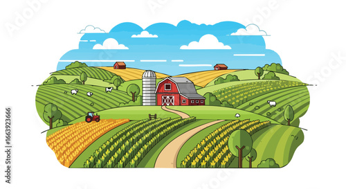 Vibrant cartoon illustration of a countryside farm landscape with fields, barns, and livestock under a bright blue sky