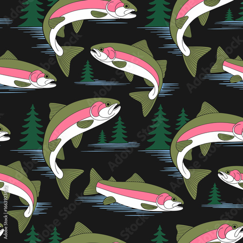 This colorful illustration features trout fish swimming through water with surrounding greenery, capturing the essence of aquatic nature in a playful and artistic manner.