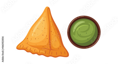 Illustration showcasing a samosa with green chutney, representing savory snack delights and culinary arts depiction of indian cuisine delicacy
