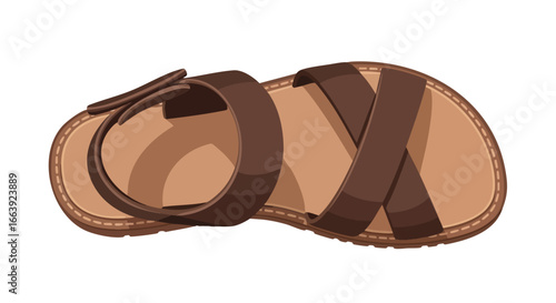 Detailed Illustration of a Brown Leather Sandal with Buckle and Crisscross Straps on White Background, Depicting Summer Footwear