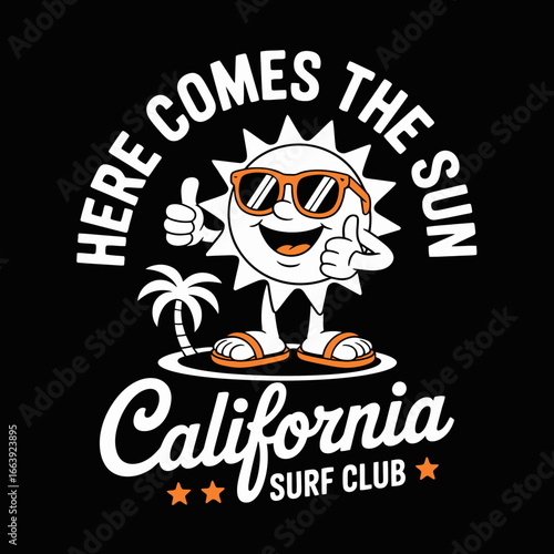 A lovable sun character clad in sunglasses and flip-flops invites you to a cheerful California surf club, radiating warmth, joy, and vibrant summer fun by the beach.