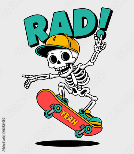 A vibrant illustration of a skeleton skateboarder performing tricks with a cap and peace sign, showcasing a fun and carefree attitude that embodies youthful spirit.