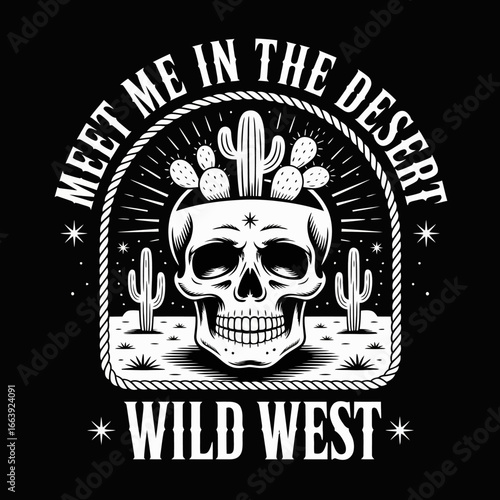 An eye-catching design depicting a skull with cacti and scenic desert elements, merging themes of life and death and the raw beauty of the Wild West landscape.