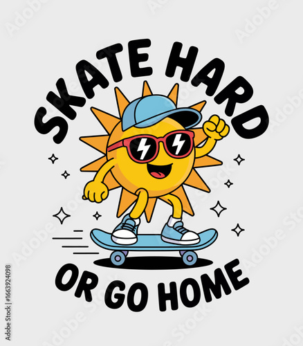 A lively sun character enjoying skateboarding, capturing the essence of fun and an active lifestyle, expressed through vibrant colors in an engaging and upbeat graphic design.