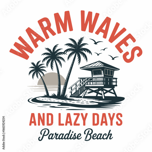 This coastal illustration features a lifeguard tower, palm trees, and gentle waves against a warm sunset backdrop, celebrating the beauty and tranquility of beach life.