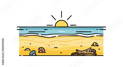 Stylized seascape with seashells and driftwood offering a minimalist view of a sandy coastline during sunrise