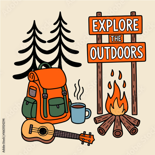 A bright and cheerful illustration featuring backpacks and camping symbols, capturing the spirit of adventure and the joy of exploring the great outdoors in style.