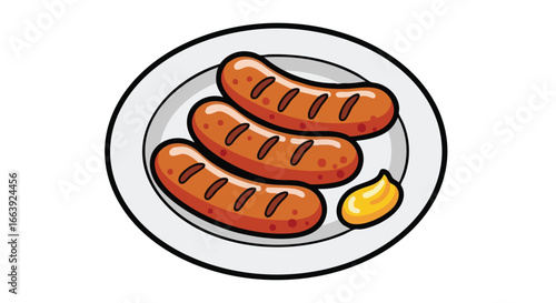 Cartoonish delight: Three sausages and a dollop of mustard on a pristine white plate offering a playful take on a classic culinary combination