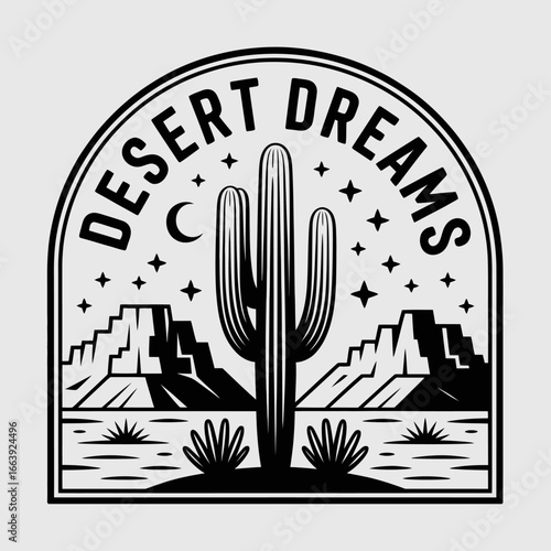 This graphic features a striking desert scene with a tall cactus, mountainous silhouettes, stars, and a crescent moon, embodying a sense of tranquility and adventure.