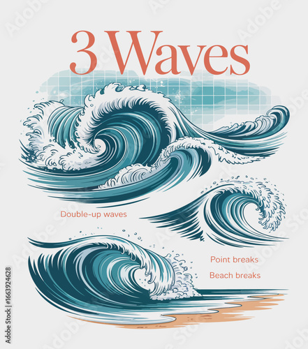 This image captures the beauty of three wave types: double-up waves, point breaks, and beach breaks, illustrated with rich colors and dynamic movements.