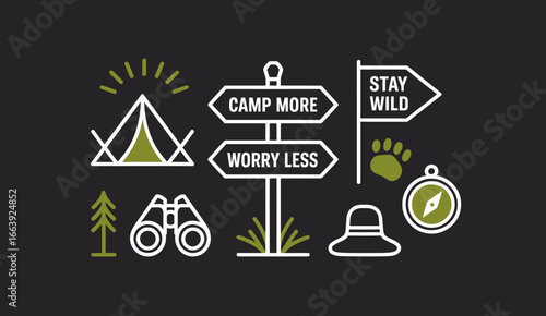 An engaging illustration of camping essentials and symbols that capture the essence of outdoor life, camaraderie, and the joy of nature adventures.