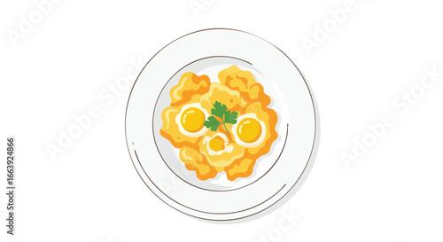 Delicious scrambled eggs with fried eggs and parsley garnish served on a white plate, a delightful and tasty breakfast option presented with