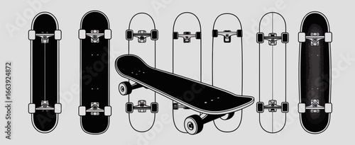 An artistic display of skateboards in dynamic poses, showcasing their unique designs and the interplay of shadows in a minimalistic black and white composition.