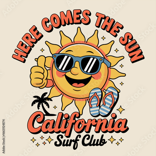 A delightful illustration featuring a sun character wearing sunglasses, emphasizing the vibrant energy and carefree spirit of summer fun at a California surf club.