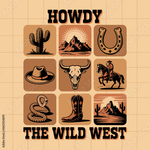 This captivating graphic showcases various Wild West symbols, such as cacti and horses, beautifully arranged to elicit a sense of nostalgia and adventurous spirit.