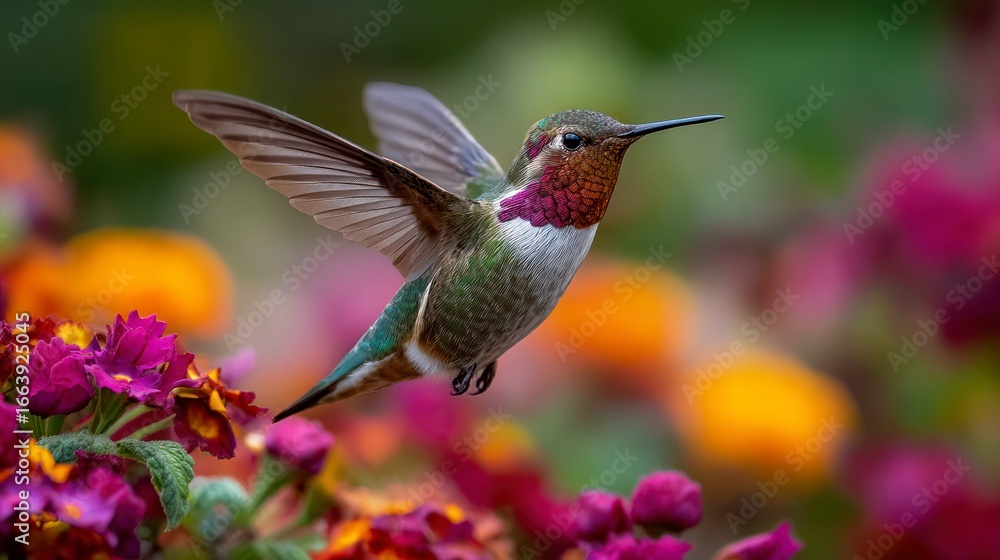 Naklejka premium Hummingbird in flight among flowers
